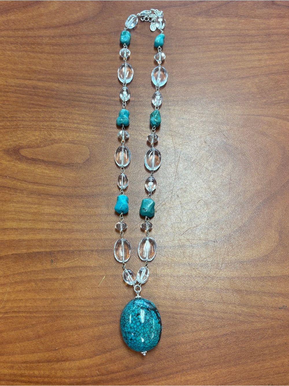 LUC CN 925 Sterling Turquoise Stone Pendant Necklace with Clear Bead Accents